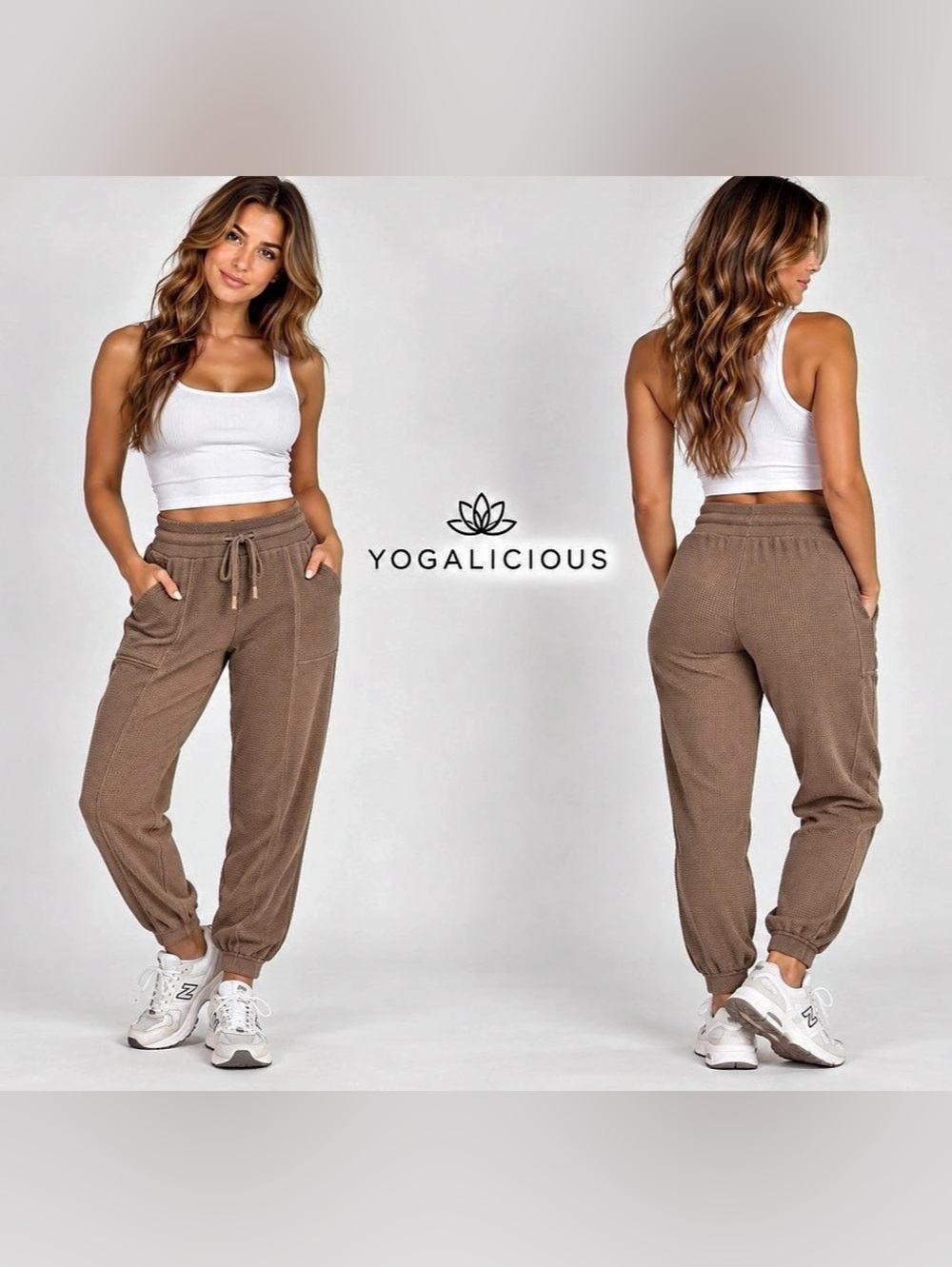 Yogalicious Women’s Small Brown Waffle Knit Jogger Pants High Rise Drawstring gy